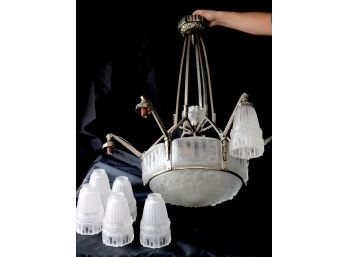 Art Deco Frosted Glass & Silvered Bronze 10 Light Chandelier