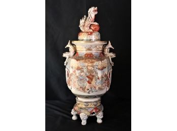 Oversized Colorful & Unique Satsuma Urn With Lid On Bas