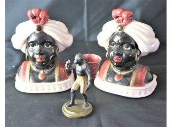 Pair Of Vintage Blackamoor Porcelain Busts/Bookends And Black Figurine