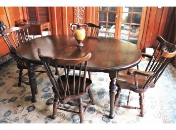 Vintage Dark Pine Wood Dining Table With 4 Brace Back Windsor Dining Chairs