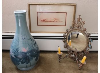 Eclectic Decorative Accessories  Vase, Artwork & Beveled Wall Mirror Sconce