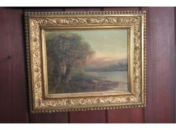 Signed Antique Painting Of Pastoral Landscape Painting In Gilded Ornate Carved Frame