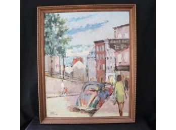 Signed Painting By Mik Of Abstract Street Scene In Wood Frame