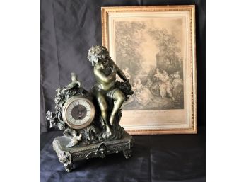 Antique French B&W Print In Gilded Frame & French Style Reproduction Bronze Figural Clock