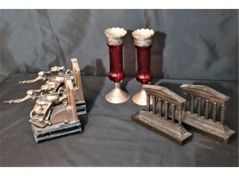 Pair Of Ruby Red Glass & Silver Tone Metal Candlesticks & 2 Pairs Of Heavy Bookends