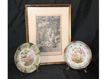 Antique Hebrew Print In Gilded Frame And Pair Of Decorative German Porcelain Plates