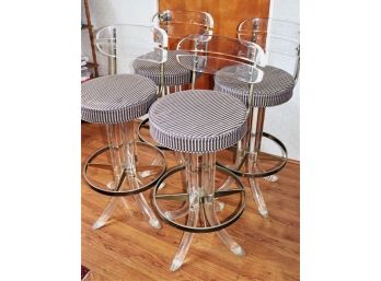 4 Vintage Hill Mfg. Lucite Swivel Seat Tusk Barstools With Upholstered Seats