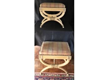 Pair Of Empire Style Ornate X Base Upholstered Stools With Brass Nail Head Detail