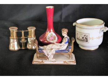 3 European Hand Painted Porcelain Pieces & Inlay Mother Of Pearl Binoculars