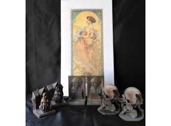 3 Pairs Of Unique Bookends And Unframed Matte Mucha Art Print