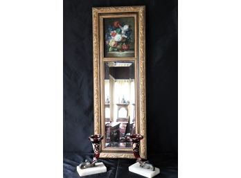 Williamsburg Style Painted Panel With Beveled Wall Mirror & A Pair Of Glass Cornucopia Bookends