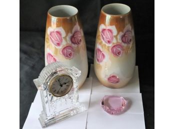Pair Of Hand Painted German Porcelain Vases, Waterford Crystal Millennium Clock & Paperweight