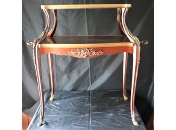 Antique French Dessert Serving Table With Inlay Wood Marquetry & Brass Hardware
