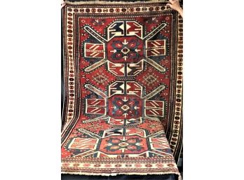 Antique Handmade Tribal Caucasian Wool Rug With Vivid Colored Geometric Design
