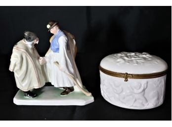 Herand Porcelain Hungarian Shepard Figure Scene & Limoges Trinket Box With Cherubs