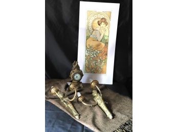 Pair Of Bronze Double Arm Wall Sconces, French Style Mantle Clock & Mucha Matted Art Print