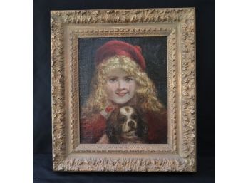 Portrait Painting Of Young Victorian Girl With Dog In Ornate Gilded Frame