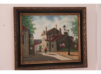 Signed Painting Oil On Canvas European Street Scene In Antiqued Gilded Wood Frame