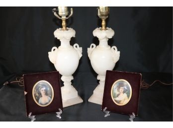 Pair Of Vintage Carved Alabaster Table Lamps And Antique Hand Painted Portraits
