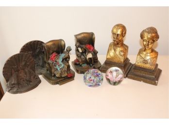 3 Pairs Of Vintage Bookends & 2 Art Glass Paperweights