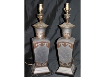 Pair Of Mixed Metal Table Lamps On Black Marble Bases