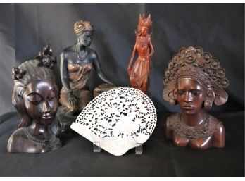 3 Southeast Asian & African Carved Wood Sculptures & Carved Mother Of Pearl Shell