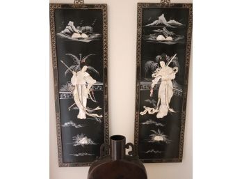 Mother Of Pearl Inlay & Hand Painted Wall Panels With Heavy Metal Vase Sculpture