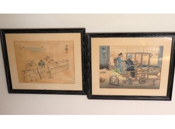 Pair Of Japanese Hand Painted Scenes In Black Stained Wood Frames