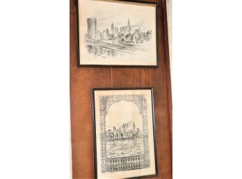 Pair Of Vintage Signed Pencil Drawings By Alec Stern In Black Wood Frames