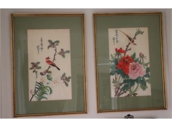 Pair Of Signed Watercolor Paintings On Silk In Gilded Frames