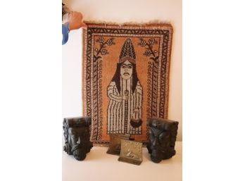 Handmade Wool Rug With Persian Noble Man, Carved Plaster Shelf & Metal Bookends