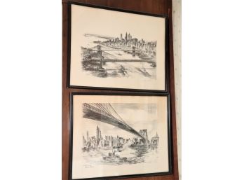 Pair Of Vintage Signed Alec Stern Pencil Drawings In Black Wood Frames