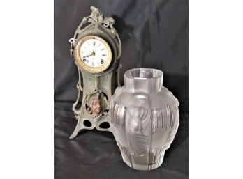 Fine Czechoslovakia Frosted Glass Vase & Art Noveau Ornate Metal Mantle Clock