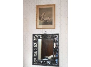 Framed Antique Print & Ornate Metal Frame Wall Mirror