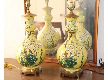 Pair Of Asian Inspired Yellow Porcelain Table Lamps With Brass Finish Bases