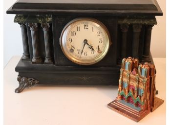 Wood Mantle Clock With Faux Marble & Norte Dame Cathedral Metal Bookends