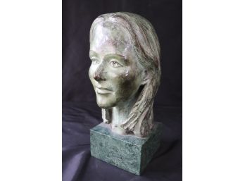 Retro Inspired Signed Bronze Bust Sculpture On Green Marble Base