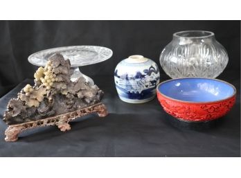 Assorted Oriental Style Decorative Accessories  Soapstone Carving, Cinnabar Bowl & More