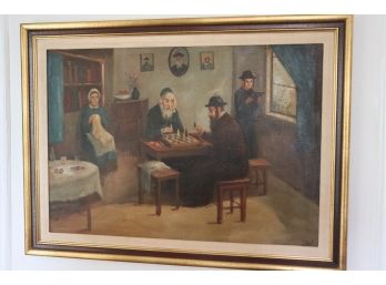 Signed 'Scene From A Jewish Home' Painting In Gilded Wood Frame With Linen Mat