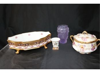 Assorted Hand Painted Limoges Porcelain Pieces & Czech Frosted Crystal Vase