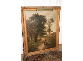 Antique Painting  In Ornate Gilded Frame With Gallery Lamp In Brass Finish