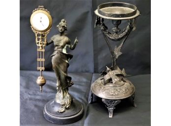 Silver Plated Ornate Candlestick Holder & Bronze Finish Figural Sculpture Pendulum Clock