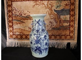 Handmade Finely Detailed Silk Rug Mat & Celadon And Blue Ceramic Vase