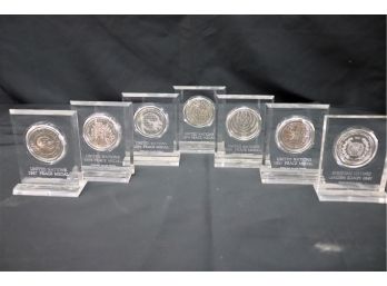 Set Of 7 Sterling Silver United Nations Peace Medals In Acrylic Holders From 1970s- 1980s