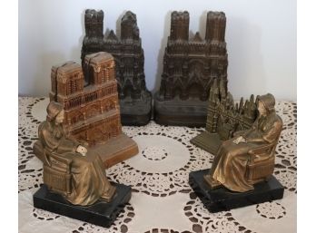 Lot Of Cathedral Inspired Bookends With Celluloid & Metal Bookends Of Woman In Chair