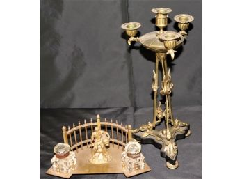 Late 19th Century Neptune Inkstand & Art Noveau Ornate Brass Candlestick