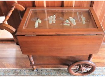 Antique Jade Inlay Figures Under Glass Serving Cart With 2 Drop Leaves