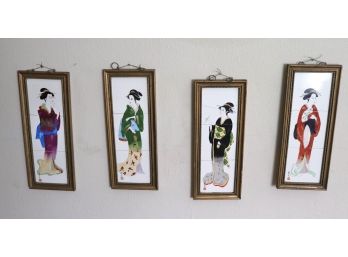 Set Of 4 Vintage Hand Painted Geisha On Porcelain/Ceramic Tiles In Gilded Frames