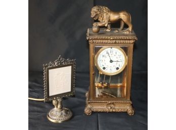 French Style Antique Bronze Seth Thomas Mantle Clock & Bisque Lithophane Table Lamp