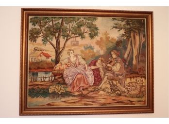 Large Romantic Pastoral Scene Tapestry Style In Gilded Ornate Frame